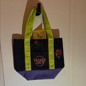 Trader Joe's Black and Green Mini Tote Bag with Embroidered Flowers.